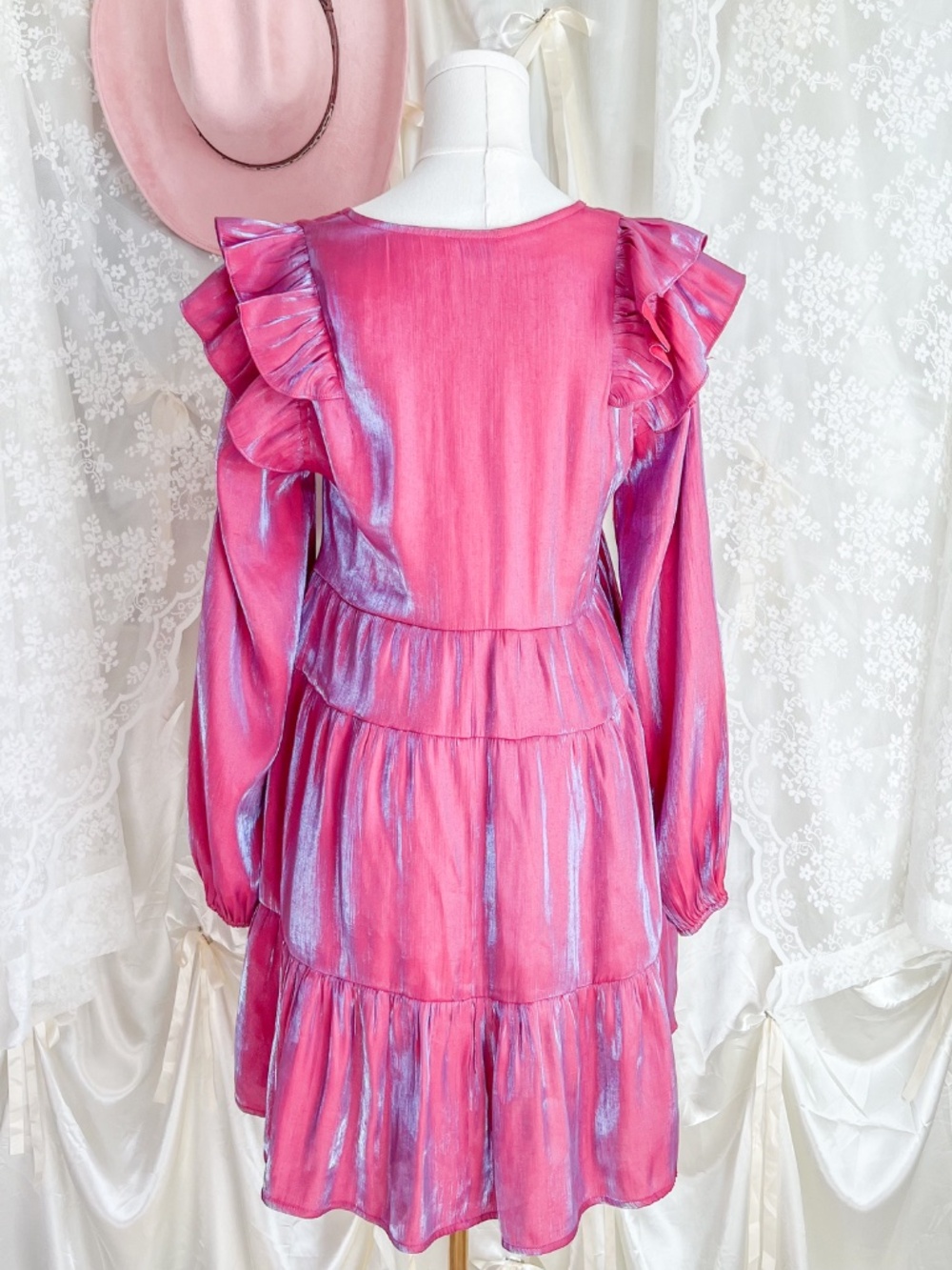 Umgee Pink Glowy Ruffle Sleeve Mini Dress – Fairycore Prairie Babydoll Dress - Picture 4 of 5